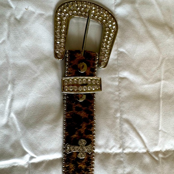 Beautiful Leather Belt, M, Faux Leopard Fur with Bling - Picture 2 of 7